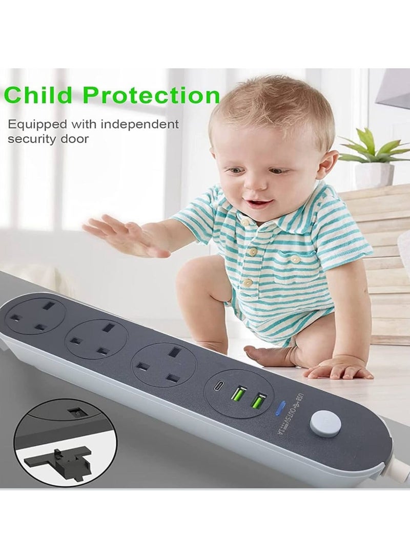 شريط طاقة بثلاثة منافذ، كابل 3 متر، منفذي USB، منفذ واحد من النوع C، أجهزة منزلية، مكتب، شاحن جوال، كمبيوتر محمول، كمبيوتر - Image 4