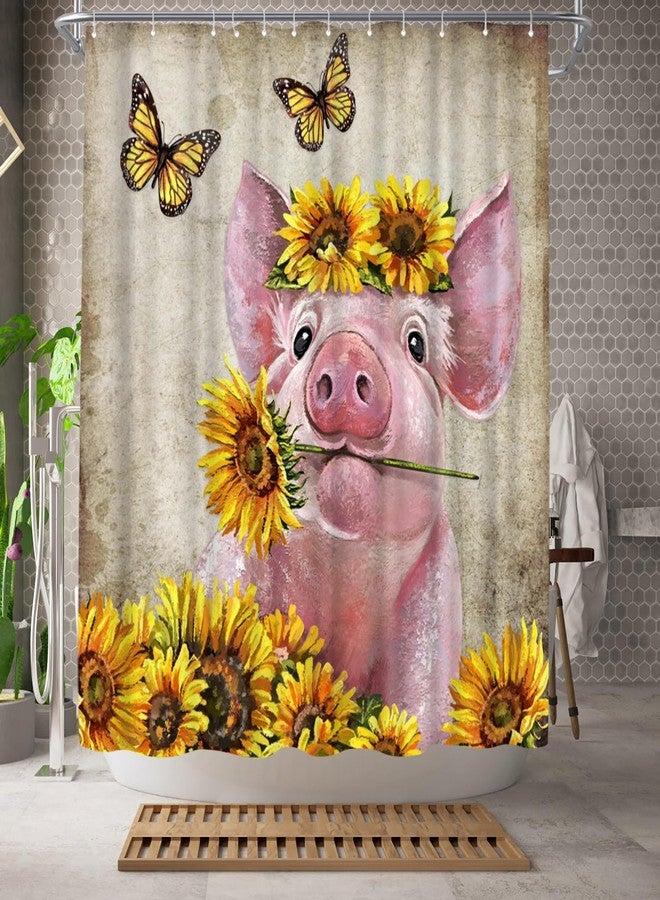 WELMECO Cute Pink Pig Shower Curtain Rustic Country Animal and Yellow Sunflower Shower Curtain Farmhouse Bathroom Decor Polyester Fabric, 72x72inch - Image 2