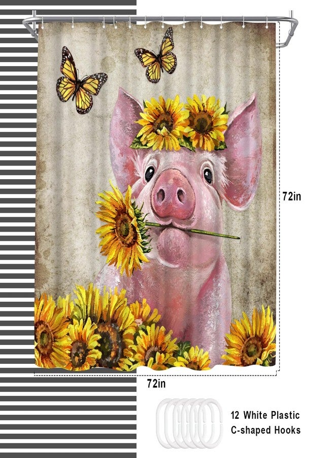 WELMECO Cute Pink Pig Shower Curtain Rustic Country Animal and Yellow Sunflower Shower Curtain Farmhouse Bathroom Decor Polyester Fabric, 72x72inch - Image 4