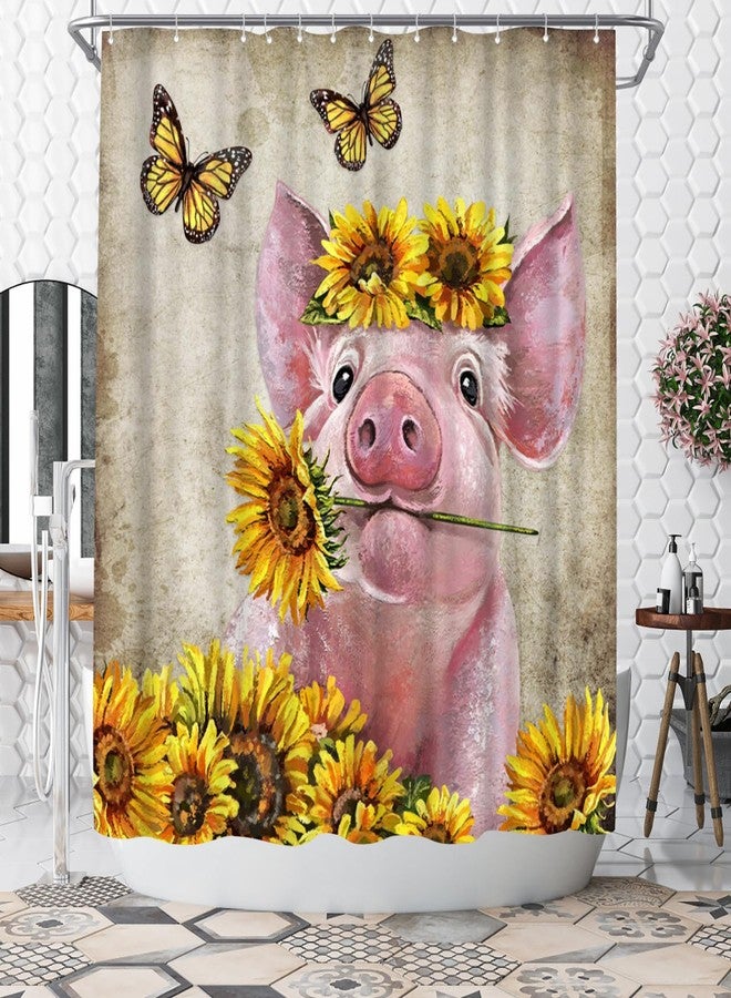 WELMECO Cute Pink Pig Shower Curtain Rustic Country Animal and Yellow Sunflower Shower Curtain Farmhouse Bathroom Decor Polyester Fabric, 72x72inch - Image 1