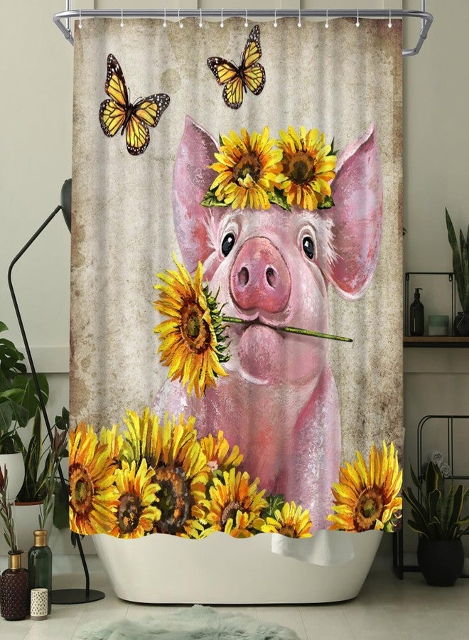 WELMECO Cute Pink Pig Shower Curtain Rustic Country Animal and Yellow Sunflower Shower Curtain Farmhouse Bathroom Decor Polyester Fabric, 72x72inch - Image 3