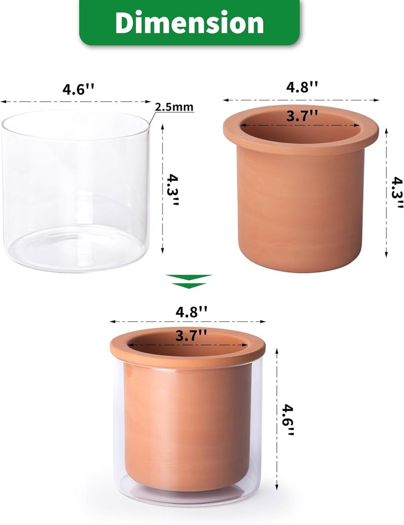 Phoenix Vine 4 Inch Self Watering Plants Pot, Design Terracotta Pot for Plants, Indoor Cylinder Terra Cotta Planter with Glass Vase, Set of 2, 51-A-E-2 - Image 3