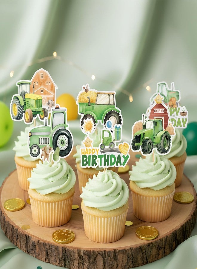 TAKEALOOKO 36Pcs Watercolor Tractor Cupcake Toppers - Barnyard Farm Birthday Cup Cake Picks, Green Tractors Dessert Topper for Kids Boys Farmer Themed Party Decorations Supplies - Image 2