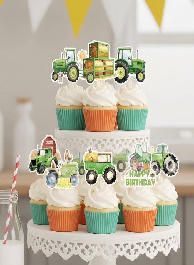 TAKEALOOKO 36Pcs Watercolor Tractor Cupcake Toppers - Barnyard Farm Birthday Cup Cake Picks, Green Tractors Dessert Topper for Kids Boys Farmer Themed Party Decorations Supplies - Image 4