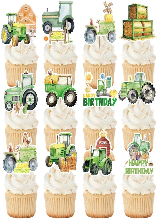 TAKEALOOKO 36Pcs Watercolor Tractor Cupcake Toppers - Barnyard Farm Birthday Cup Cake Picks, Green Tractors Dessert Topper for Kids Boys Farmer Themed Party Decorations Supplies - Image 1