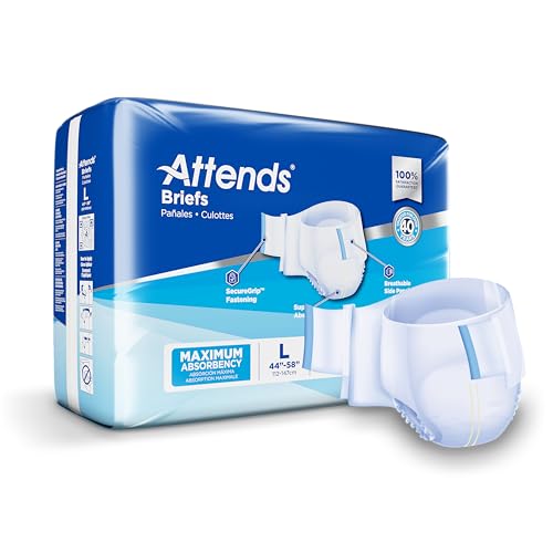 Attends Adult Incontinence Disposable Briefs Large 4458 Waist with Tab Closures Maximum Absorbency Core and Breathable Materials 72ct Case