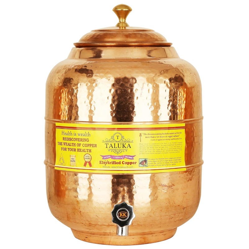 Taluka Taluka 15 X 6Inches Handmade Hammered Pure Copper Water Pot Tank with Tap 16 Liter Capcity for Water Storage in Home Garden Good Health Benefits Yoga  - Image 1