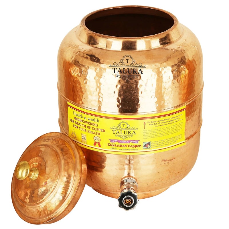 Taluka Taluka 15 X 6Inches Handmade Hammered Pure Copper Water Pot Tank with Tap 16 Liter Capcity for Water Storage in Home Garden Good Health Benefits Yoga  - Image 2