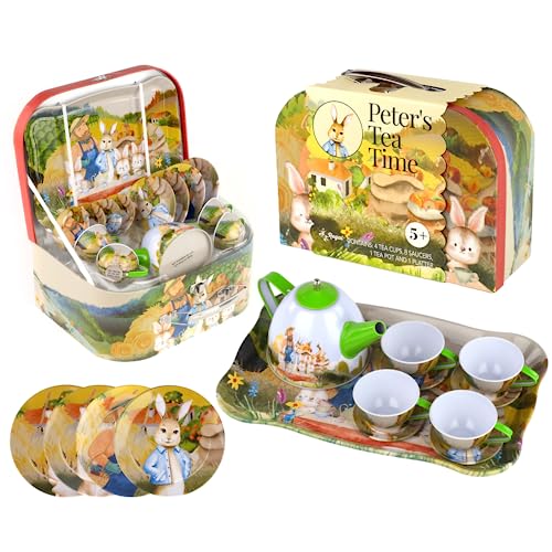 Regal Games Peters Tea Party Set Peter Rabbit Designed Kids Tea Time Set Includes 1 Teapot 4 Cups 4 Saucers 1 Platter Storage Case Ideal Birthday Easter Gift for Ages 5 - Image 1