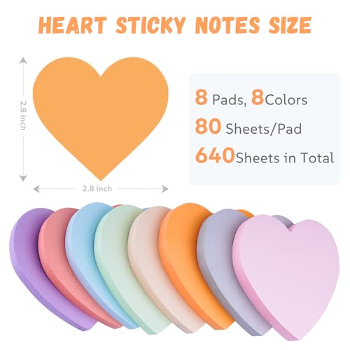 FloraSea Heart Sticky Notes 640 Sheets, 8 Pads Cute Heart Shape Post it Notes, Strong Adhesive Post, Clean Removal, 80 Sheets/pad - Image 2