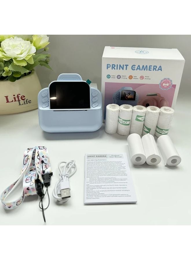 Blue Instant Print Camera with 8 Rolls Paper MP3 Player HD Photo Printer Holiday Gift - Image 1