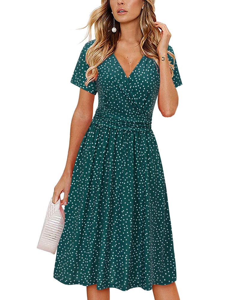 OUGES Women's Summer Dresses for Women 2025 Spring Sundresses Short Sleeve V-Neck Floral Short Party Dress with Pockets(Green Polka Dot,L) - Image 1