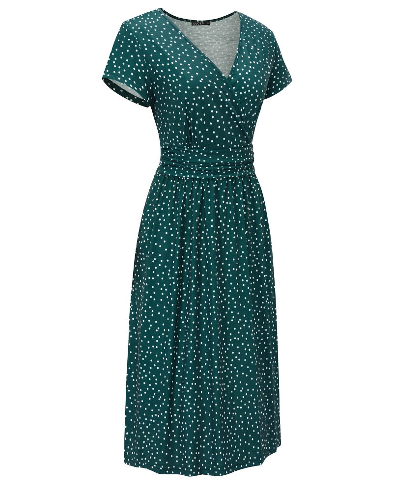 OUGES Women's Summer Dresses for Women 2025 Spring Sundresses Short Sleeve V-Neck Floral Short Party Dress with Pockets(Green Polka Dot,L) - Image 4