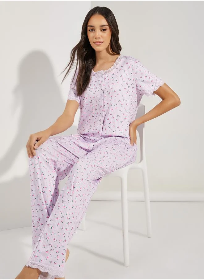 Styli Ribbed AOP Lace Trim Shirt & Pyjama Set