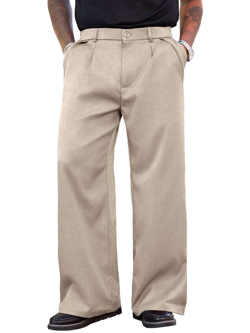 PLEPAN Men's Wide Leg Dress Pants Baggy Pleated Casual Trousers Relaxed Fit Elastic Waist Business Slacks with Pockets Beige Small - Image 1