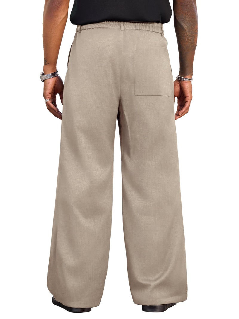 PLEPAN Men's Wide Leg Dress Pants Baggy Pleated Casual Trousers Relaxed Fit Elastic Waist Business Slacks with Pockets Beige Small - Image 4