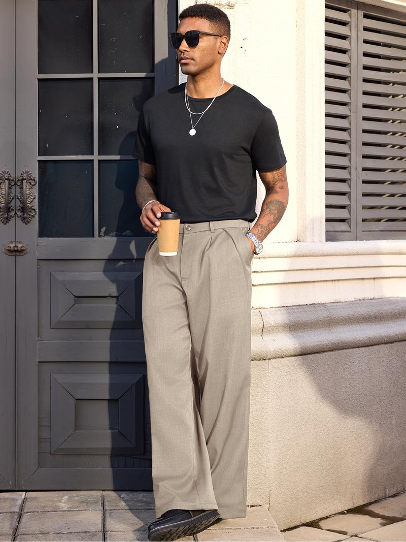 PLEPAN Men's Wide Leg Dress Pants Baggy Pleated Casual Trousers Relaxed Fit Elastic Waist Business Slacks with Pockets Beige Small - Image 3