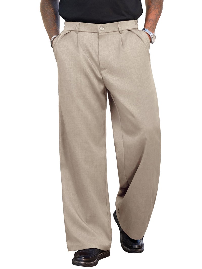 PLEPAN Men's Wide Leg Dress Pants Baggy Pleated Casual Trousers Relaxed Fit Elastic Waist Business Slacks with Pockets Beige Small - Image 5