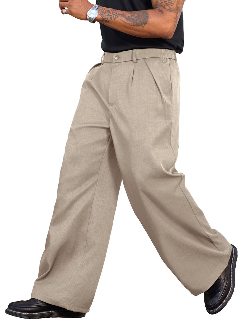 PLEPAN Men's Wide Leg Dress Pants Baggy Pleated Casual Trousers Relaxed Fit Elastic Waist Business Slacks with Pockets Beige Small - Image 2