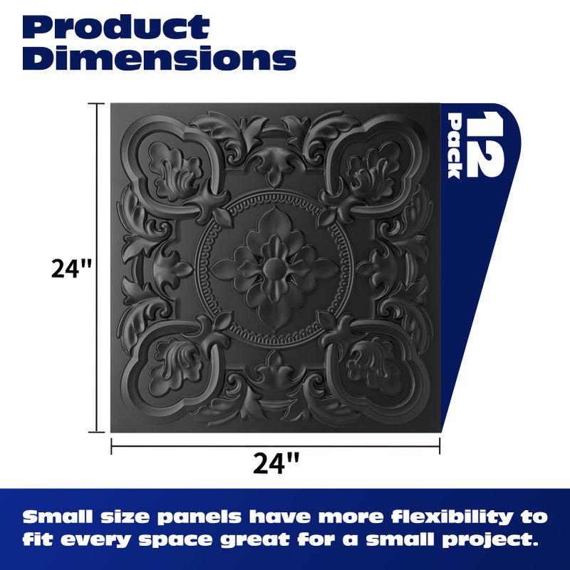 Art3dwallpanels 12 Pack Drop Ceiling Tiles, 24 x 24 Inch High Grade PVC 3D Wall Panels Vintage Flower Pattern for Interior Wall Decor, Fire Rated, Waterproof, Black - Image 2