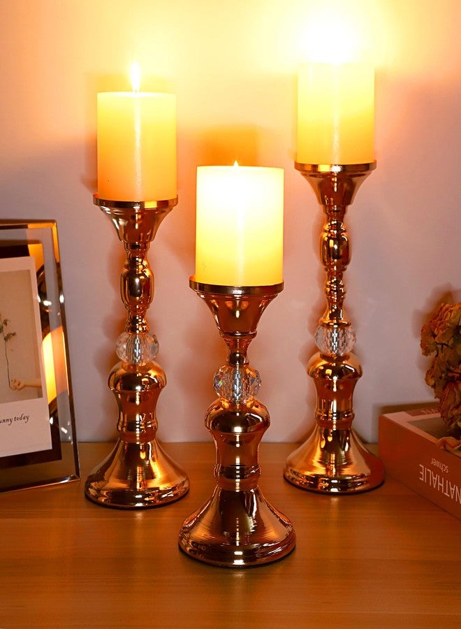 OwnMy Set of 3 Gold Metal Pillar Candlestick Holders Vintage Brass Pillar Candle Holders, Metal Crystal Pillar Candle Stands Elegant Candle Centerpiece for Dining Table Wedding Fireplace Candle Decor - Image 2