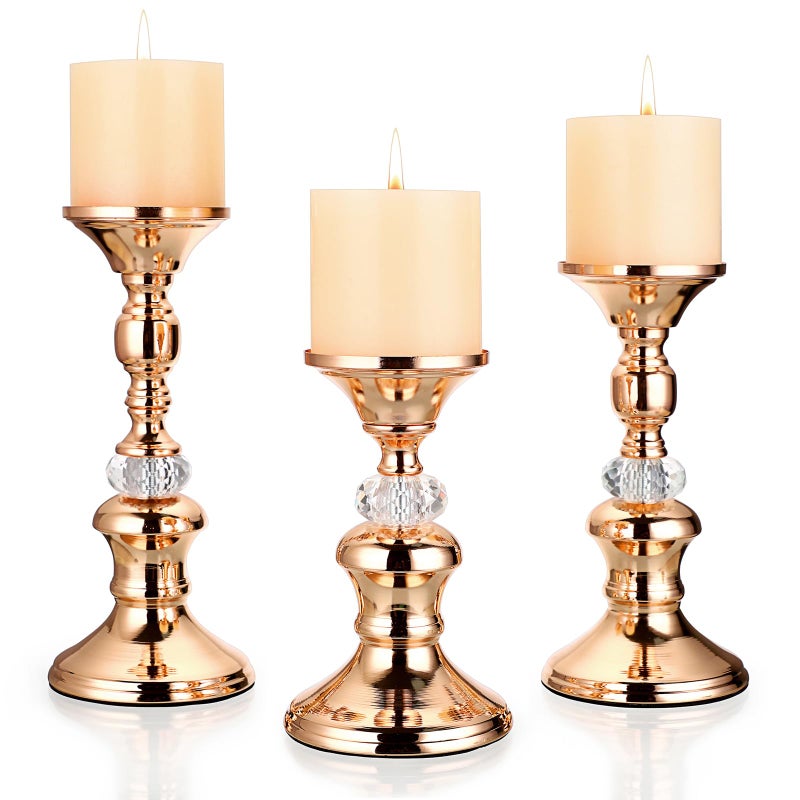 OwnMy Set of 3 Gold Metal Pillar Candlestick Holders Vintage Brass Pillar Candle Holders, Metal Crystal Pillar Candle Stands Elegant Candle Centerpiece for Dining Table Wedding Fireplace Candle Decor - Image 1