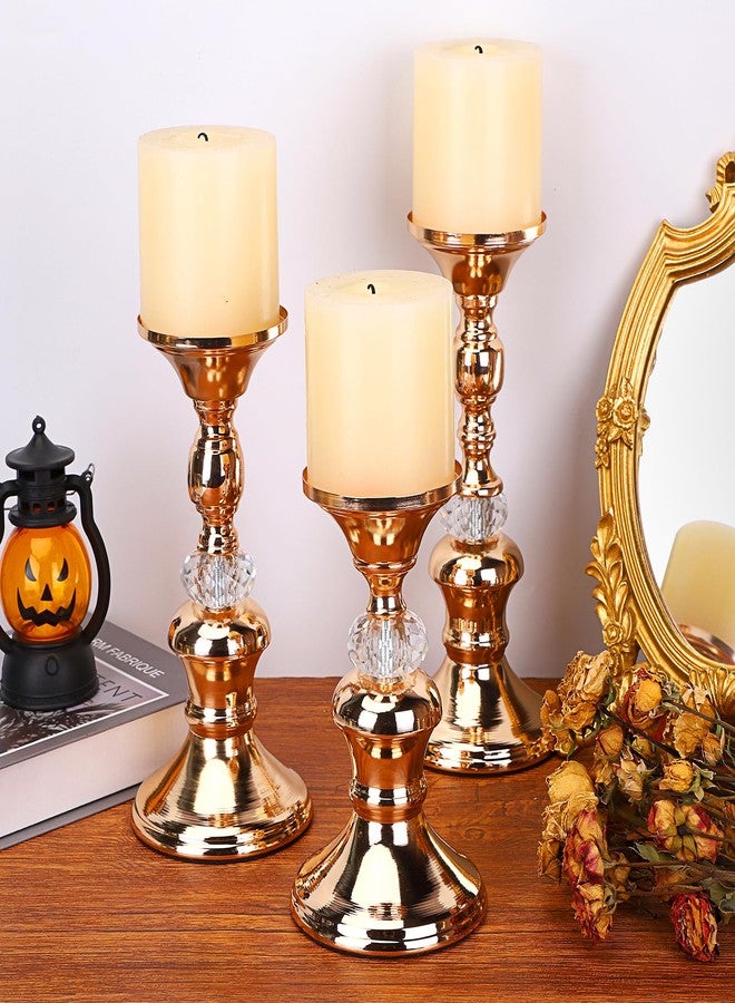 OwnMy Set of 3 Gold Metal Pillar Candlestick Holders Vintage Brass Pillar Candle Holders, Metal Crystal Pillar Candle Stands Elegant Candle Centerpiece for Dining Table Wedding Fireplace Candle Decor - Image 5