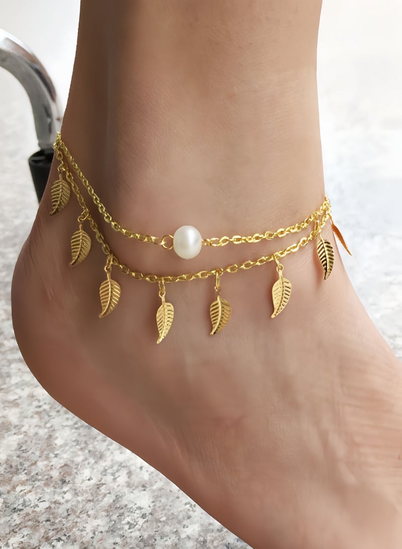 خمر الطبقات ورقة خلخال ورقة اللؤلؤ خلخال سوار ورقة شرابة خلخال الذهب ورقة خلخال قابل للتعديل ورقة خلخال خلخال مجوهرات للنساء والفتيات سبيكة - Image 2