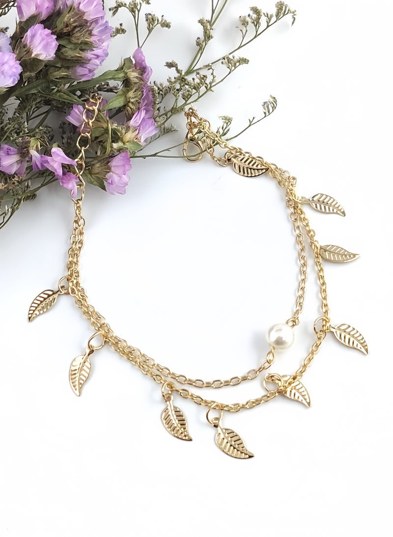 خمر الطبقات ورقة خلخال ورقة اللؤلؤ خلخال سوار ورقة شرابة خلخال الذهب ورقة خلخال قابل للتعديل ورقة خلخال خلخال مجوهرات للنساء والفتيات سبيكة - Image 4