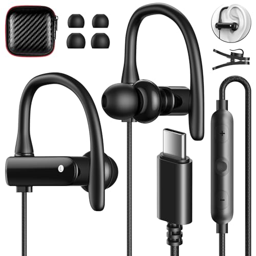 ASKUBSKU USB C Headphones Over Ear Hooks for iPhone 17 Air 16 15 Pro Max Plus, Wrap Around Ear Buds with Loops Mic Type C Earphones Running Sport Wired Earbuds for Samsung S26 S25 S24 Ultra S23 S22/Pixel 10 9 - Image 1