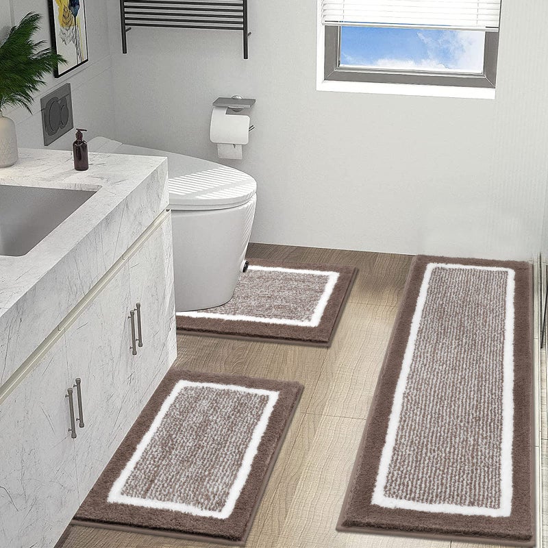 HEBE HEBE Bath Rug Set 3 Piece Coffee Non Slip Bathroom Contour Rug Combo Microfiber Bath Shower Mat and UShaped Toilet Rug Machine Washable18x2618x4820x24