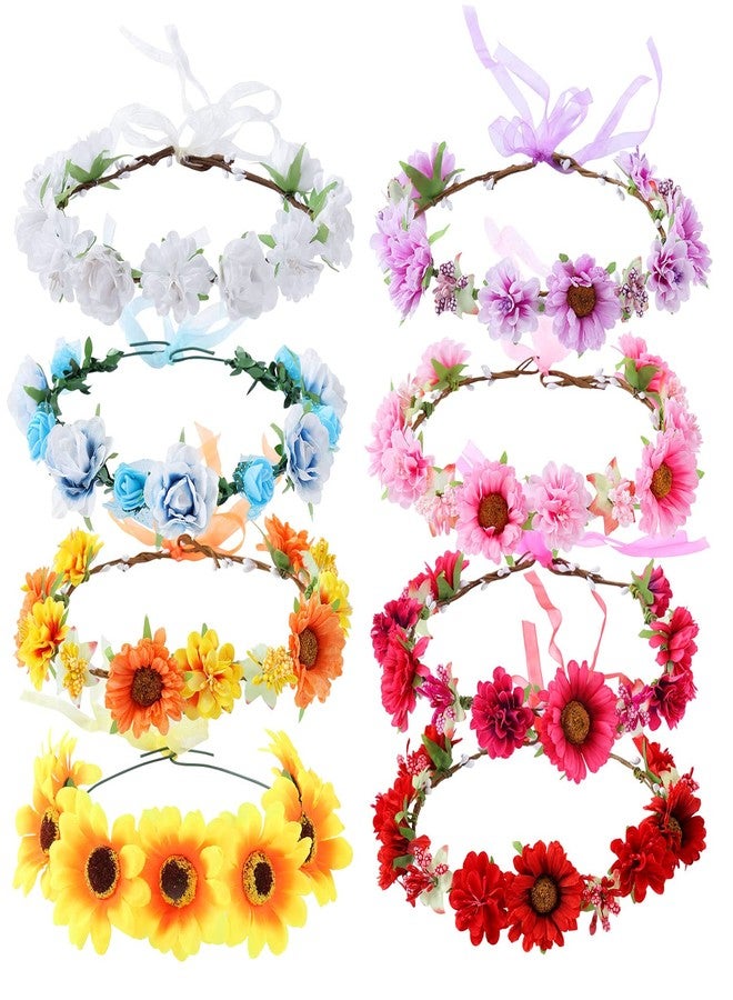 Cinaci 8 Pack Boho Hawaiian Sunflower Daisy Rose Flower Crown Wreath Handmade Adjustable Headbands Tiara Garland Wedding Party Headpiece Accessories for Women Brides Bridemaids Girls Teens - Image 1