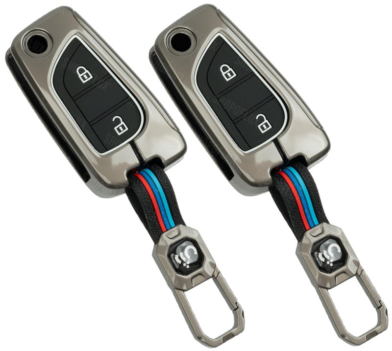 SHOPOFLUX Metal Key Cover Compatible with Toyota Innova Crysta | Corolla Altis 2 Button Flip Key (Pack of 2) - Image 1