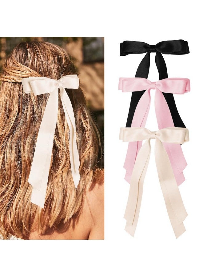 Bmobuo Hair Clip, 3Pcs Satin Bows for Hair Clips - Beige, Pink, Black Hair Ribbon Clips for Women and Girls, Romantic Hairstyles, Wide Applications - Image 1