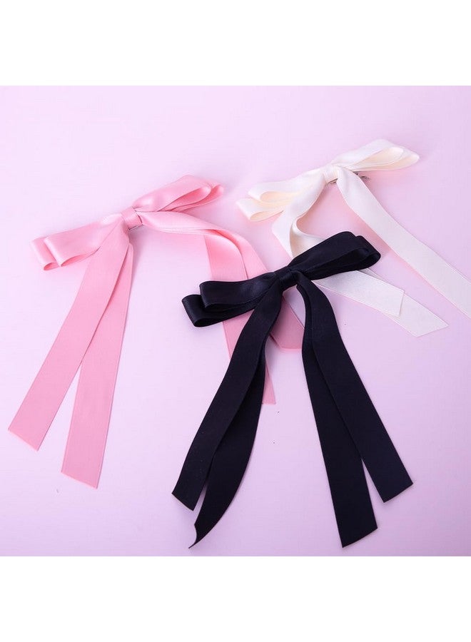 Bmobuo Hair Clip, 3Pcs Satin Bows for Hair Clips - Beige, Pink, Black Hair Ribbon Clips for Women and Girls, Romantic Hairstyles, Wide Applications - Image 2