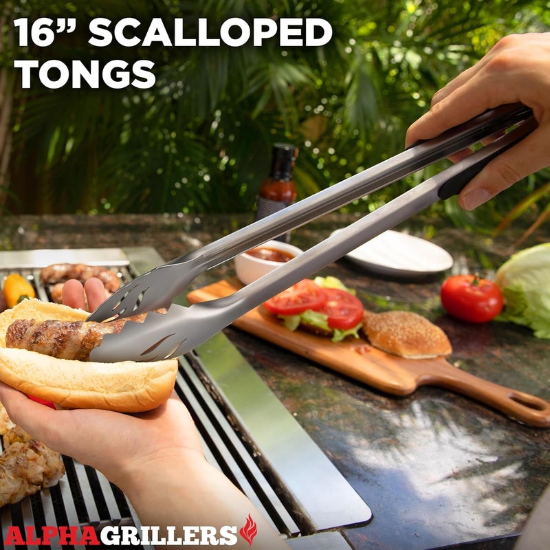 Alpha Grillers Grill Set Heavy Duty BBQ Accessories - BBQ Tool Set 4pc Grill Accessories with Spatula, Fork, Brush & BBQ Tongs - Gifts for Dad Durable, Stainless Steel Grill Tools - Image 4