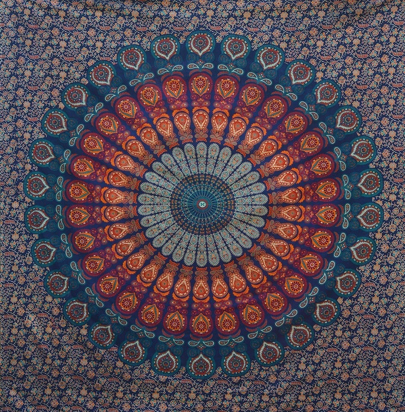 Bless International Indian Hippie Bohemian Psychedelic Peacock Mandala Wall Hanging Bed Linen Tapestry (Golden Blue, Twin (137 x 182 Inches) (140 x 185 cm) - Image 4