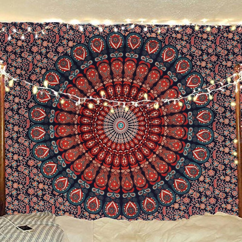 Bless International Indian Hippie Bohemian Psychedelic Peacock Mandala Wall Hanging Bed Linen Tapestry (Golden Blue, Twin (137 x 182 Inches) (140 x 185 cm) - Image 5