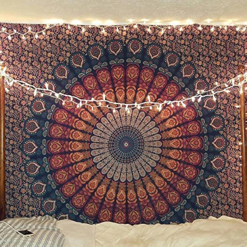 Bless International Indian Hippie Bohemian Psychedelic Peacock Mandala Wall Hanging Bed Linen Tapestry (Golden Blue, Twin (137 x 182 Inches) (140 x 185 cm) - Image 1