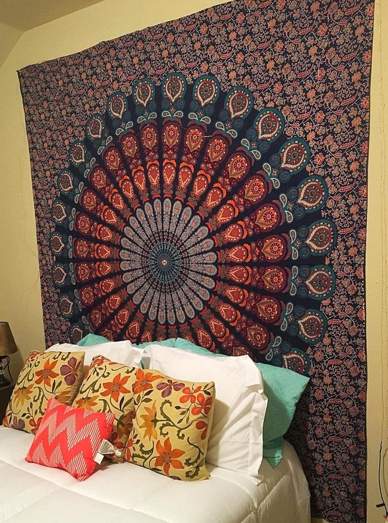 Bless International Indian Hippie Bohemian Psychedelic Peacock Mandala Wall Hanging Bed Linen Tapestry (Golden Blue, Twin (137 x 182 Inches) (140 x 185 cm) - Image 2