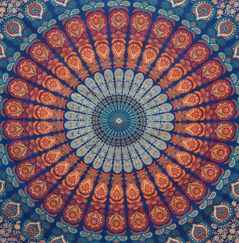 Bless International Indian Hippie Bohemian Psychedelic Peacock Mandala Wall Hanging Bed Linen Tapestry (Golden Blue, Twin (137 x 182 Inches) (140 x 185 cm) - Image 3