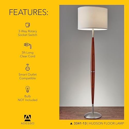 Adesso Hudson Floor Lamp - Adjustable Brightness, Perfect Lighting for Bedroom, Living Room and Corner Decor, Maple Eucalyptus Wood & Satin Steel Accents, Soft/White Lampshade - Image 5