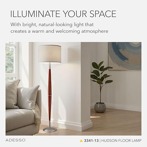 Adesso Hudson Floor Lamp - Adjustable Brightness, Perfect Lighting for Bedroom, Living Room and Corner Decor, Maple Eucalyptus Wood & Satin Steel Accents, Soft/White Lampshade - Image 2