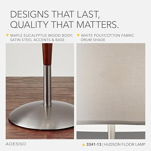 Adesso Hudson Floor Lamp - Adjustable Brightness, Perfect Lighting for Bedroom, Living Room and Corner Decor, Maple Eucalyptus Wood & Satin Steel Accents, Soft/White Lampshade - Image 4