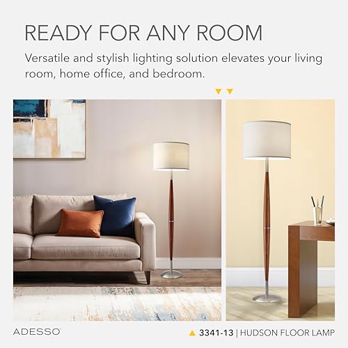 Adesso Hudson Floor Lamp - Adjustable Brightness, Perfect Lighting for Bedroom, Living Room and Corner Decor, Maple Eucalyptus Wood & Satin Steel Accents, Soft/White Lampshade - Image 3