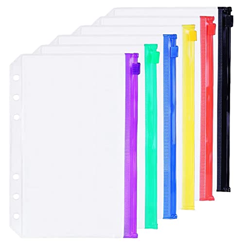 Zelten 6 Pack A5 6 Holes Binder Zip Pockets Plastic Binder Zipper Folders Waterproof 6 Holes Zipper Loose Leaf Bags Zip Lock Envelope for Documents Notebooks Cards (6 Color Zip Pocket, A5) - Image 1