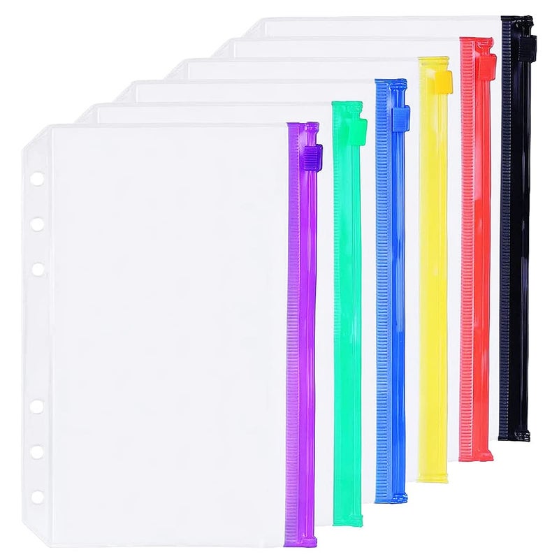 Zelten 6 Pack A5 6 Holes Binder Zip Pockets Plastic Binder Zipper Folders Waterproof 6 Holes Zipper Loose Leaf Bags Zip Lock Envelope for Documents Notebooks Cards (6 Color Zip Pocket, A5) - Image 3