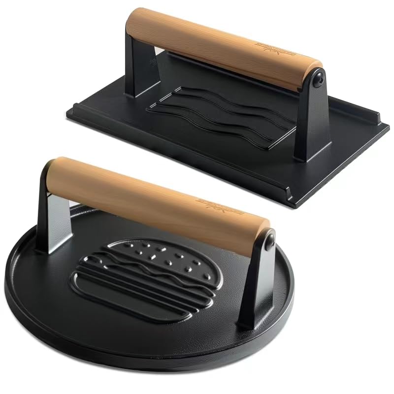 XUDAKAIXIN Cast Iron Smash Burger Press (2PCS),Grill Bacon Meat Press Tool,Perfect for Blackstone, Camp Chef, Weber Grills & Indoor Griddles â€“ BBQ & Cookout Must-Have (Round & Rectangle -Grooved) - Image 1