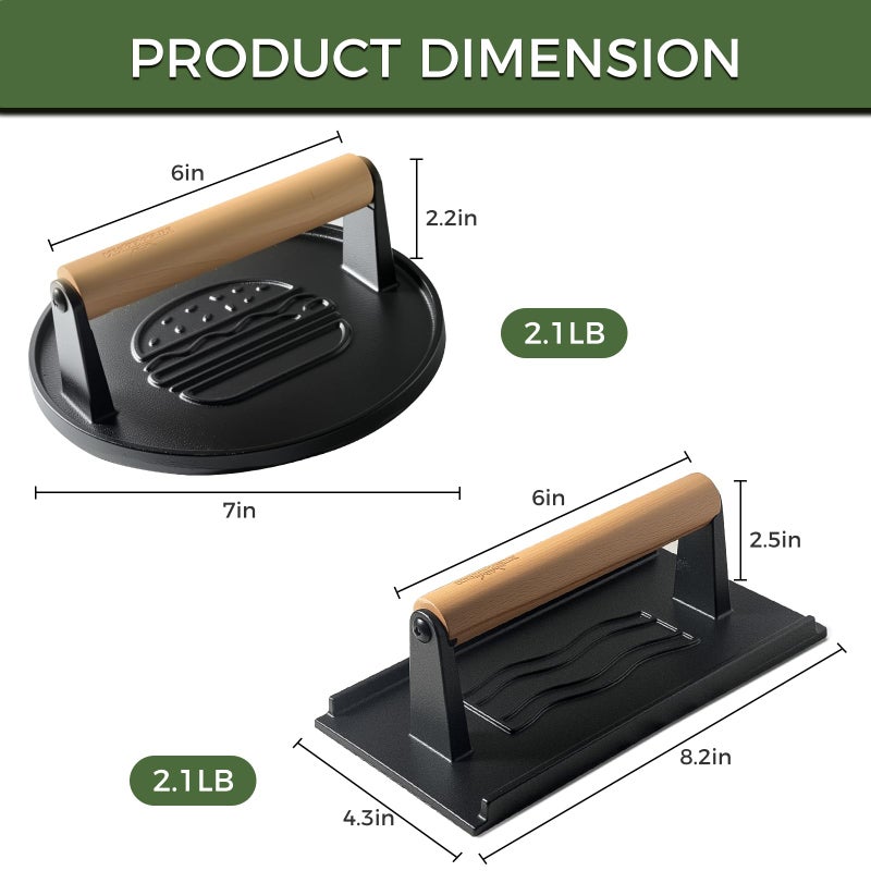 XUDAKAIXIN Cast Iron Smash Burger Press (2PCS),Grill Bacon Meat Press Tool,Perfect for Blackstone, Camp Chef, Weber Grills & Indoor Griddles â€“ BBQ & Cookout Must-Have (Round & Rectangle -Grooved) - Image 2