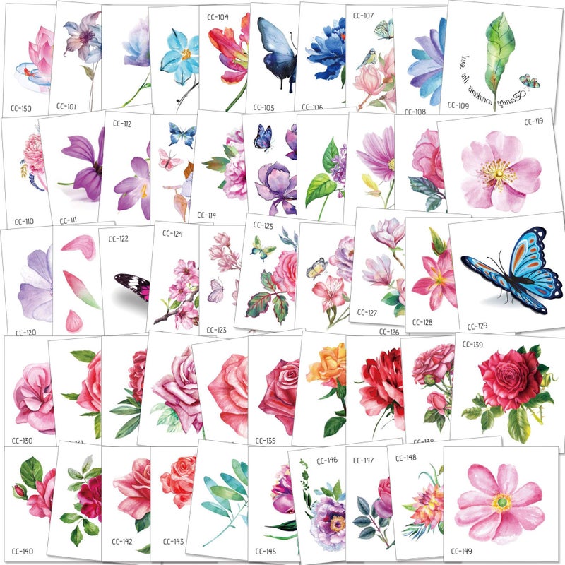 Konsait Konsait 50Sheet Flower Temporary Tattoos for Women Teens Girls Tiny Temporary Tattoo Adult Waterproof Body Art Sticker Hand Neck Wrist include Flower Butterfly Leaf Lotus Cherry Blossoms Tattoo